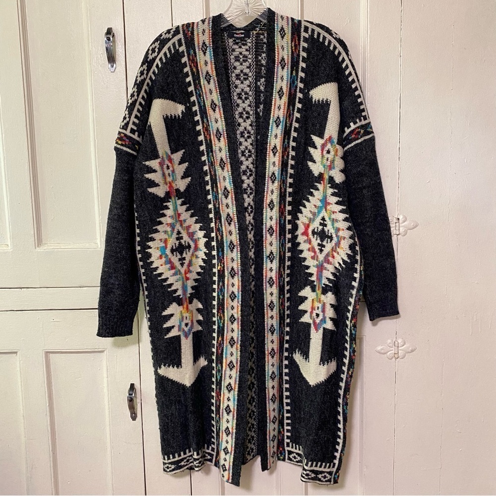 GeeGee Women's Aztec Print Open Cardigan Sweater Charcoal Gray Size M/L